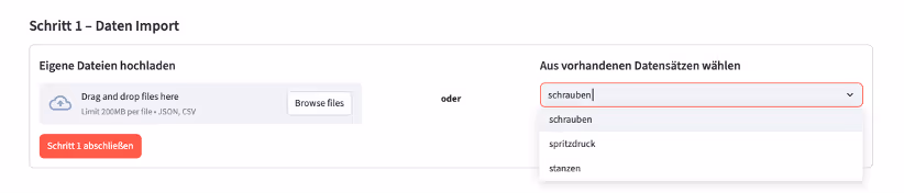Data-import step of the analysis web interface with drag-and-drop upload and a dataset dropdown listing screwdriving, injection and punching data