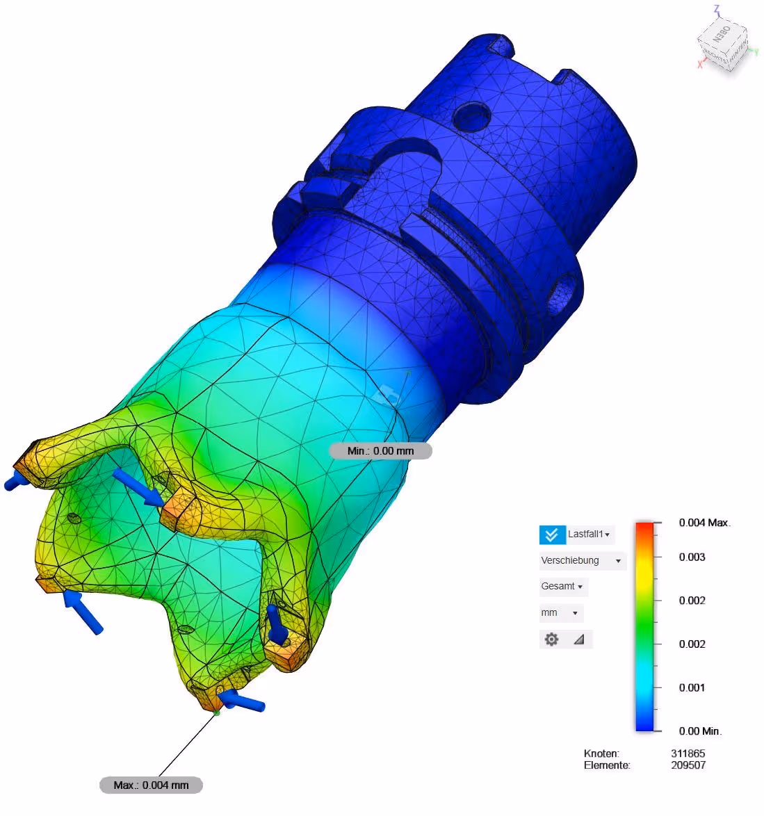 FEM displacement plot of the milling cutter under load, maximum deflection 0.004 mm across 311,865 nodes