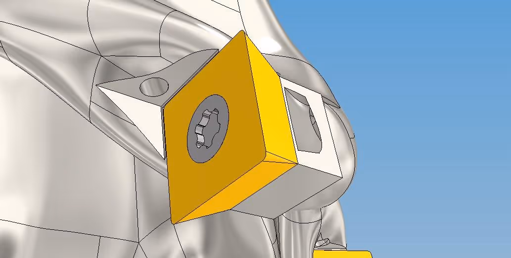 Close-up CAD view of a single indexable insert seat with torx screw mounting